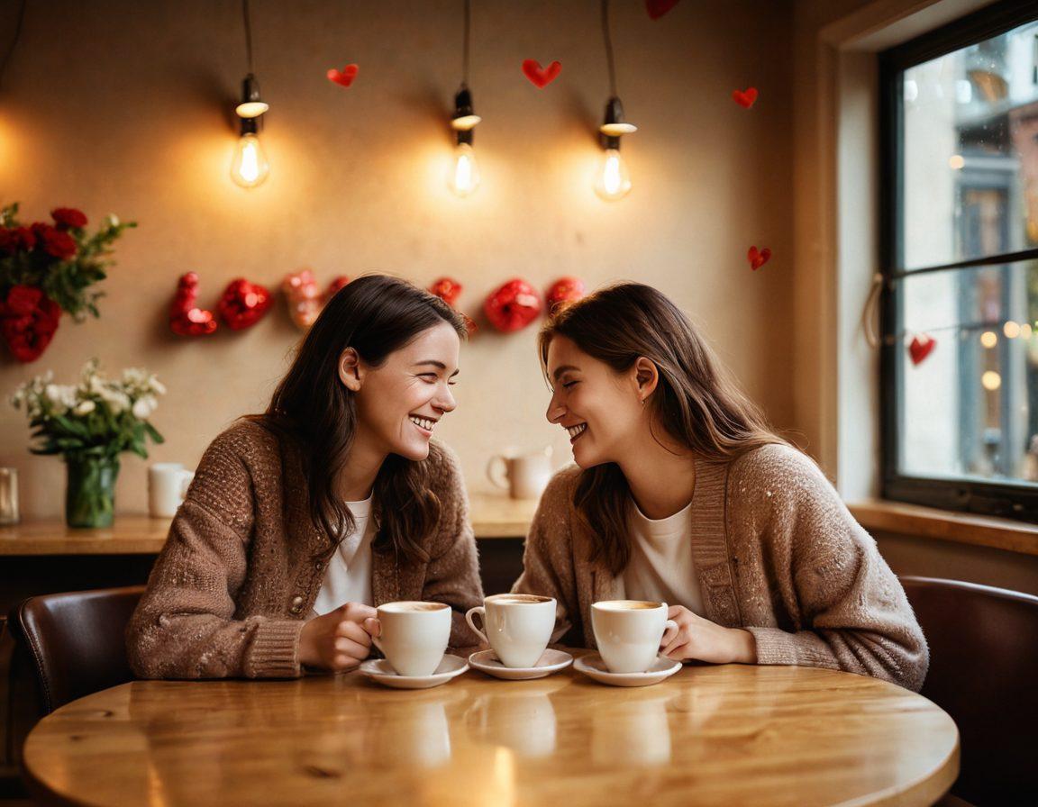 A warm, inviting scene of two people sharing a genuine laugh over coffee in a cozy café, surrounded by soft, romantic lighting and heart-shaped decorations. Include elements symbolizing love like intertwined hearts and blooming flowers on the table. Capture the essence of connection with their body language, showcasing joy and intimacy. super-realistic. warm colors. soft focus.