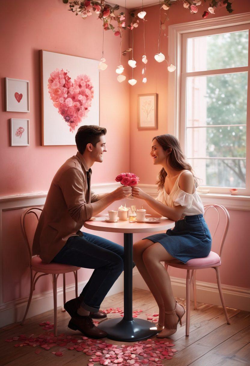 A romantic setting showcasing two friends transitioning into lovers, featuring a cozy café with a warm atmosphere, soft lighting, and intimate seating for two. Include elements of laughter and connection, like a shared dessert and exchanged glances. Surround them with subtle symbols of love, like heart-shaped decorations and rose petals. Artistic rendering with a dreamy, soft focus effect. vibrant colors. painting.