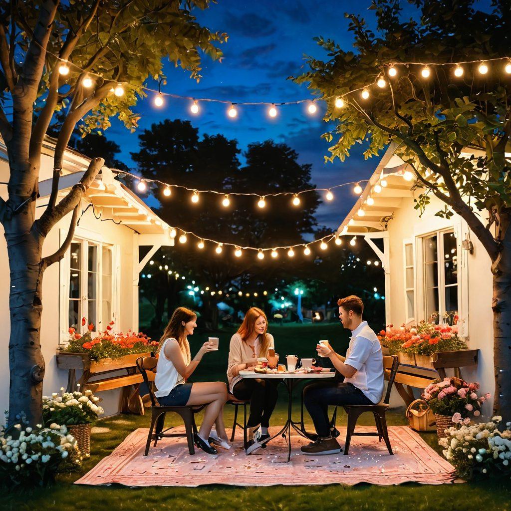 A cozy café scene with a couple laughing over coffee, while another couple enjoys a romantic picnic in a park, surrounded by blooming flowers and twinkling fairy lights. Include subtle elements of heart shapes and connection, such as intertwined hands or a shared dessert. The atmosphere should feel warm and inviting, symbolizing love and connection. super-realistic. vibrant colors. 3D.
